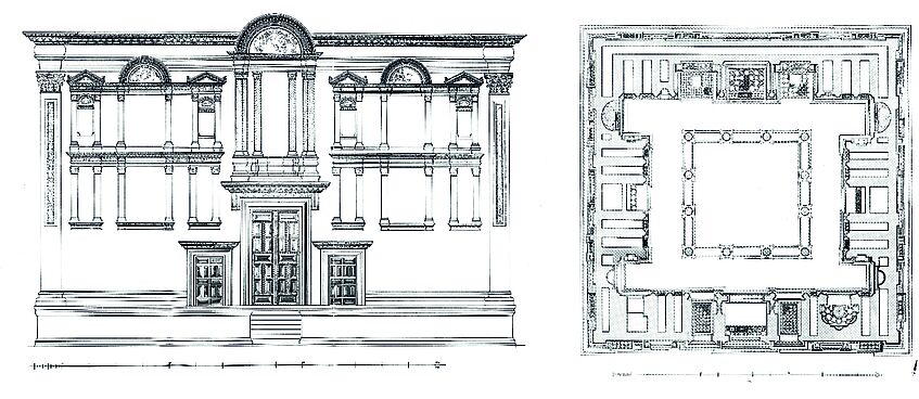 Tempelgrab Nr. 36 (ca. 220-240 n. Chr.), Fassade und Grundriss, Rekonstruktionen