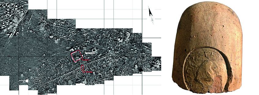 Links: Areal der ‚hellenistischen Stadt‘, Magnetogramm der geophysikalisfchen Prospektion Rechts: Rhodischer Amphorenstempel des DAMOKRATEUS aus Sondage I (3. Jh. v. Chr.)