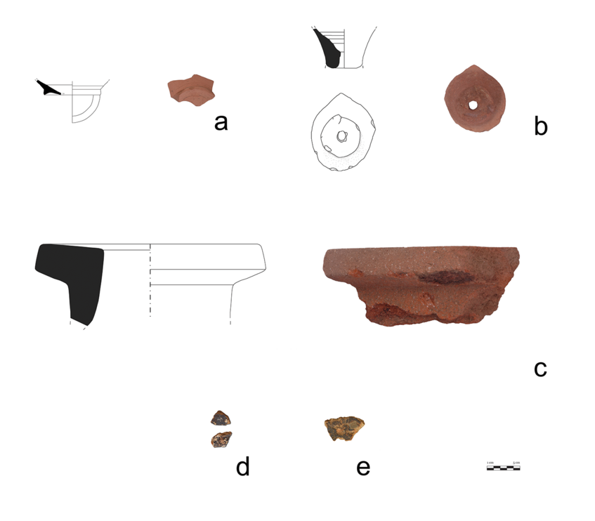 Abb. 16: charakteristische Funde von Molino San Vincenzo: a) Tafelgeschirr (Bodenfragment), b) Pflanztopf (Bodenfragment), c) Dolium (Rand), d + e) Cocciopesto mit Einschlüssen (Fotos: G. Schörner | Zeichnungen: V. Schreck | Layout: D. Hagmann | 2014)