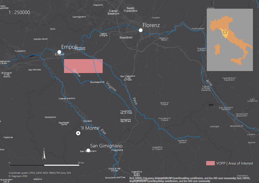 VOPP: Archaeological project area at Tuscany (Dominik Hagmann, Esri, Natural Earth 2016 | CC BY 4.0)