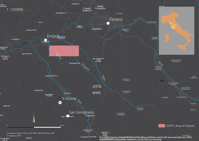 VOPP: Archäologisches Projektgebiet in der Toskana (Dominik Hagmann, Esri, Natural Earth 2016 | CC BY 4.0)